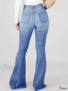 Eromis - High-Waisted Blue Ripped Flared Jeans with Raw Hem and Distressed Slash Pockets - Bell Bottom Denim Pants for Women Casual Flare Bottoms In Solid Color, Mid-rise Solid Color Denim Jeans, Ripped High Waist Medium Wash Bottoms, Trendy Ripped Flare Bottoms, Fitted Flare Ripped Bottoms, Blue Ripped Non-stretch Bottoms, Non-stretch Ripped Blue Bottoms, Ripped Full-length Blue Bottoms, Blue Ripped Full-length Bottoms