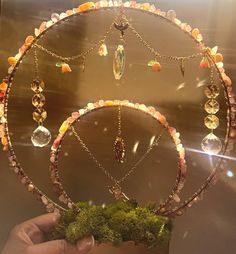 a person holding up a circular display with jewelry on it's sides and moss in the middle