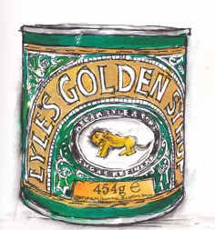 a drawing of a beer can with a golden lion on the front and green trim