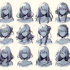 Women Hairstyles Reference, Hair Sketch Front View, Art Reference Hairstyles, Back Of Hair Reference, Long Hairstyle Reference, Hairstyles For Character Design, Women Hair Reference Drawing, How To Draw Hair Reference, Manga Hair Reference