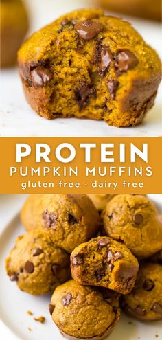 pumpkin muffins stacked on top of each other with text overlay that reads protein pumpkin muffins gluten free dairy free