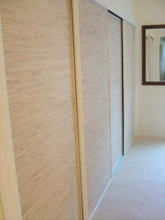 an empty hallway with sliding doors and mirror