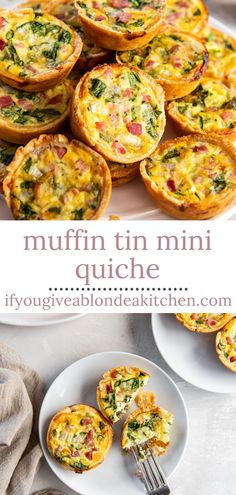 mini quiches with spinach and cheese on a plate next to a fork