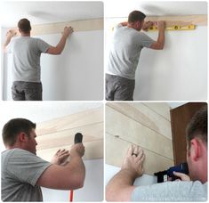 a man is working on the wall with wood planks and tape around his head