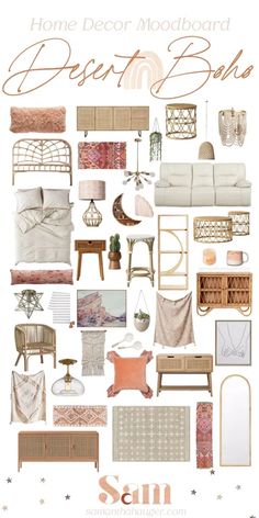 a collage of different types of furniture and decor in pink, gold and white