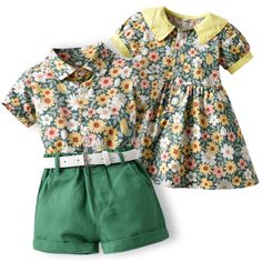 Be it a family outing or a casual hangout at the park, this Daisies and Sunflowers Boy and Girl Summer Matching Outfit is the perfect outfit for your kids. The clothes are comfortable, stylish, and awesome to wear on summer vacation. Features: Turndown collar puff short sleeve dress for girls. 4 Pcs Set for boys: Shirt, pants, suspender, and bowtie. Splash dots pattern design print. Comfortable children's wear. Perfect for the summer season. Fabric & Care: Made of high-quality cotton fabric. Mac Matching Set Tops For Spring And Summer, Green Cotton Summer Sets, Spring Day Out Sets With Short Sleeves, Casual Spring Cotton Sets, Summer Cotton Set With Floral Print, Floral Print Playtime Sets For Summer, Summer Floral Print Playtime Sets, Playful Spring Matching Sets, Playful Matching Sets For Spring