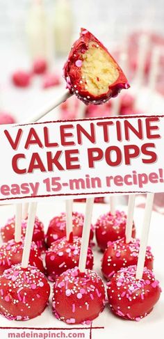 valentine's cake pops are displayed on a white plate with red sprinkles