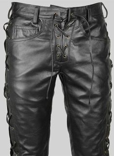 M.M.LEATHER Available Sizes are 28" To 50" Inches Waist Or Made To Measure. WE NEED YOUR FOLLOWING ACTUAL BARE BODY MEASUREMENTS WITHOUT ADDING ANY LOSING PLEASE.                                   (1)Waist (2) Hips (3) Thighs (4) Inside leg length .  Available Color :Black With Blue & Gray Contrast We do made all products upon receiving your orders on MADE TO MEASURE basis. If you need Bigger Sizes kindly don't hesitate to ask.  To avoid any disappointment or complain, please carefully measure y Leather Pants Style, Biker Pants, Pants Gift, Mens Leather Pants, Lace Pants, Biker Jeans, Lambskin Leather Jacket, Black Leather Pants, Leather Pant