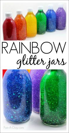 rainbow glitter jars with text overlay reading rainbow glitter jars