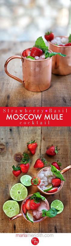 two moscow mules with strawberries and lime slices on the rim, in copper mugs