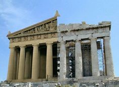 an ancient building with columns and statues on the sides, against a blue sky background