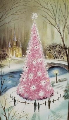 a painting of a pink christmas tree with people standing around it in front of a bridge