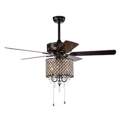 a ceiling fan with chandelier hanging from it's blades on a white background