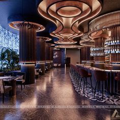 the interior of a modern restaurant with bar stools and round wooden tables in front of an illuminated wall