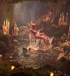 a naked woman sitting on top of a waterfall surrounded by candles