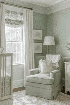 a baby's room with a chair, crib and dresser