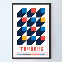 a framed poster with the words thunder written in bold colors and an abstract geometric design