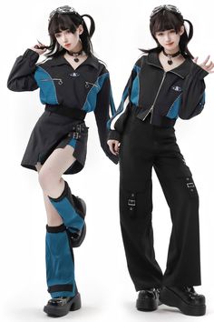 ❤︎Blue And Black Top + Jacket + Split Pants + Leg Cover + Skirt❤︎ Black Techwear, Crop Top Jacket, Split Pants, Steampunk Fashion Male, Ladies Short Jackets, Gothic Skirts, Edgy Aesthetic, Chiffon Shorts, Outfits Y2k