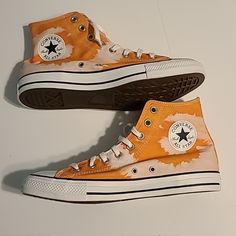 Converse Chuck Taylor All Star High Top Size 11.5 Womens/9.5 Mens. Orange And Vintage White Tie Dye. New Without Box. From Smoke Free Home. Orange Converse, Converse All Star White, Converse All Star Ox, Chuck Taylor Shoes, High Tops Sneakers, All Star Shoes, Custom Converse, Favorite Shoes, Black And White Sneakers