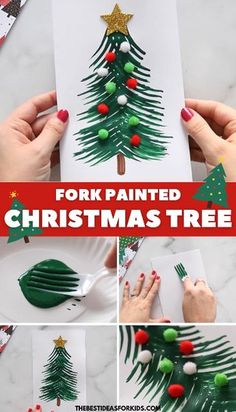 Kindergarten Crafts For Christmas, Prek Christmas Crafts For Kids, Grinch Arts And Crafts For Kids Easy, Fork Painted Christmas Tree, Kids School Christmas Crafts, Christmas Tree Ideas For Preschoolers, Holiday Christmas Crafts For Kids, Easy Christmas Crafts For Elementary, Art And Craft Ideas For Christmas