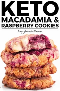 three cookies stacked on top of each other with the words keto macadama and raspberry cookies