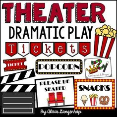 the theater dramatic play ticket set includes popcorn, movie tickets, and other items to be used