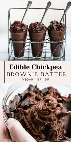 chocolate brownie batter in a glass bowl with spoons and text overlay that reads edible brownie batter vegan off 1 / df