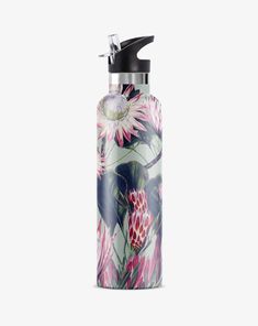 purple and red protea flowers with green leaves on green background  design on stainless steel water bottle, gift packaging Water Bottle Flip, Protea Flower, Safe Driving, Jewelry Ring Box, Stainless Steel Bottle, Insulated Water Bottle, Complementary Colors, Car Cup Holder, Hot Drinks