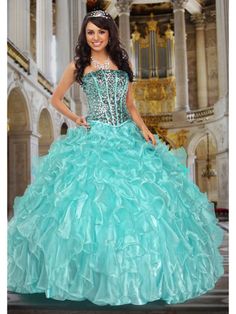 Blue Quinceanera Dresses - Turquoise Dress With Sparkly Corset Top Teal Quinceanera Dresses, 15 Birthday Dresses, 파티 드레스, Marine Uniform, Turquoise Dress