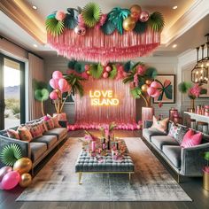 a living room decorated in pink, green and gold with love island decorations on the wall