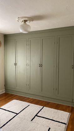 an empty room with green cabinets and white rug on the floor in front of it