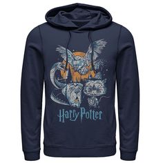 a harry potter hoodie with an owl and two lions on it