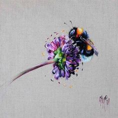 a painting of a bee sitting on top of a purple flower