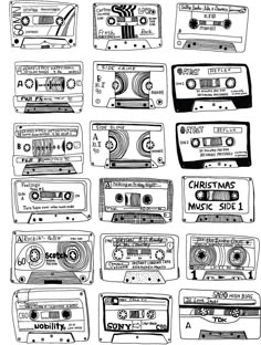 a bunch of old school cassette recorders drawn in black ink on white paper with the words, christmas music side