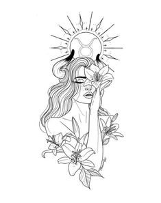 a drawing of a woman with flowers in her hair and sun above her head, on a white background