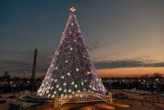 a large christmas tree is lit up in the middle of a park with people standing around it