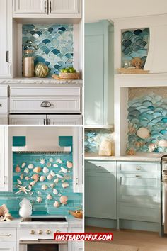 the kitchen is decorated in blue and white with shells on the backsplashes