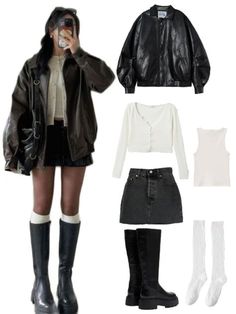 Brown Leather Jacket Skirt Outfit, Leather Jacket Tank Top Outfit, Cute Winter Outfits Boots, Outfit Inspo With Leather Jacket, Outfit Inspo With Boots, Back Boots Outfit, New York Leather Jacket Outfit, Denim Skirt And Leather Jacket, Denim Skirt With Leather Jacket