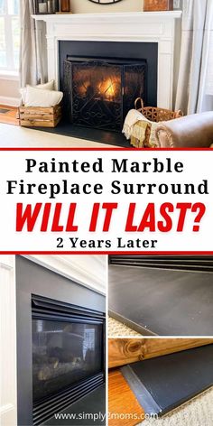 Fireplace Surround Diy, Brick Wall Fireplace, Paint Fireplace Tile, Black Fireplace Surround, Painted Mantle, Marble Hearth, Fireplace Redo