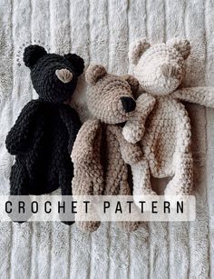 two crocheted teddy bears laying next to each other on a bed with the words crochet pattern