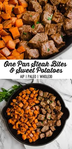 one pan steak bites and sweet potatoes in a cast iron skillet