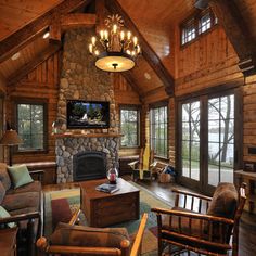 a living room filled with lots of furniture and a fire place in the middle of it