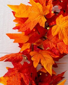 orange and yellow leaves are arranged on a white surface, with lights in the background