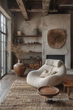 a living room filled with lots of furniture and decor on top of a wooden floor