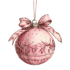 a pink ornament with a bow hanging from it's side on a white background