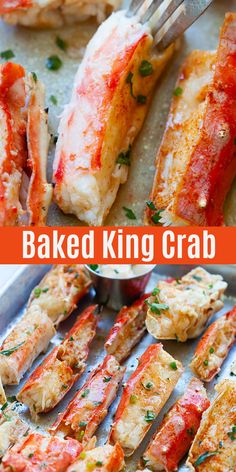 baked king crab skewers on a baking sheet with the words baked king crab above them