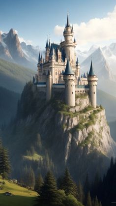 a castle on top of a mountain with mountains in the background