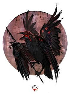 two black birds sitting on top of each other in front of a full moon with red eyes