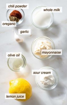 the ingredients to make lemonade are shown in small bowls