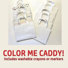 This Color Me art caddy is a great way to give your favorite kids a way to express themselves!  Promotes creativity and fun! They can color the inside and outside of this caddy. When used with Crayola Ultra Clean Markers and Crayons, can be washed and recolored! We don't reccomend coloing the handles to avoid transfer of color to hands. Made with white cotton fabric, The white patterns with Butterflies, Paisly, Flowers, Stars, etc. can be used as a coloring guide. Easy Velcro closure on outside Crayon Caddy, Art Caddy, Tote Organizer, Washable Markers, Kids Art, Art Portfolio, School Items, Favorite Child, White Patterns